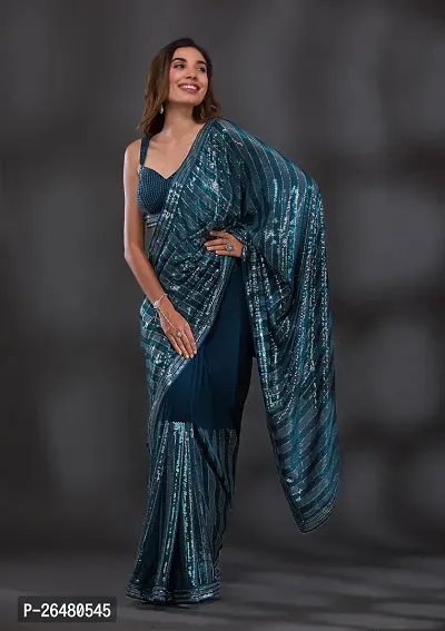 Elegant Georgette Teal Sequined Work Saree With Blouse Piece For Women