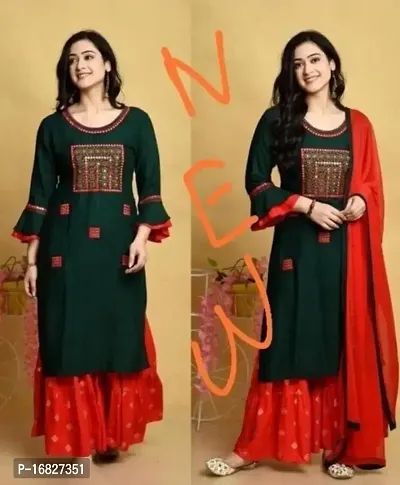 Stylish Fancy Rayon Kurta With Bottom Wear With Dupatta Set For Women-thumb0