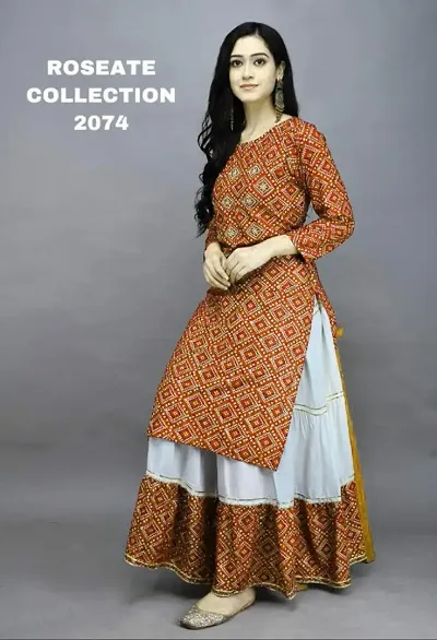 Women Bandhani Print Striaght Kurta with Skirt