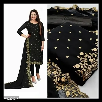 Trendy Georgette Black Embroidered Dress Material With Dupatta Set For Women-thumb0