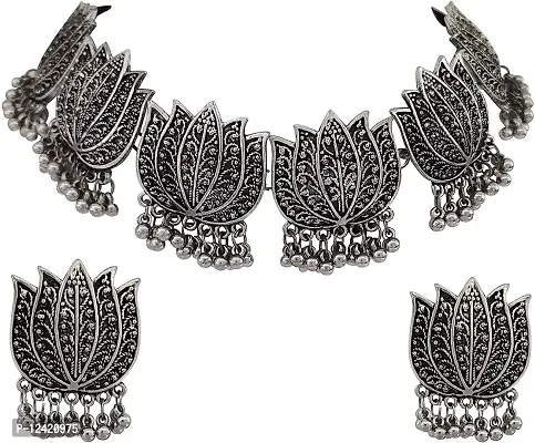 Oxidized Metal Handmade Indian Ethnic Silver Choker Lotus Necklace Jewelry Set for Women & Girls