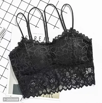 Womens Lace Solid Non-Padded Full Cup Wire Free Bra - Black-thumb4