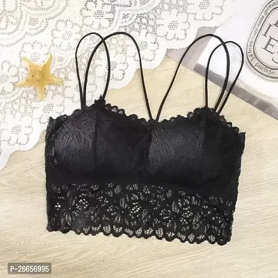 Womens Lace Solid Non-Padded Full Cup Wire Free Bra - Black-thumb4