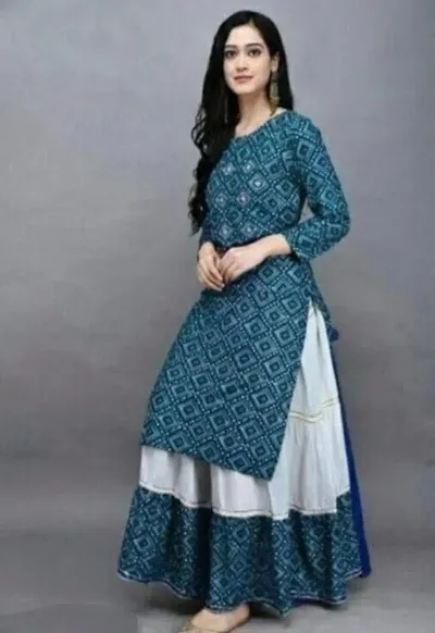 Stylish Rayon Bandhani Print Kurta Skirt Set