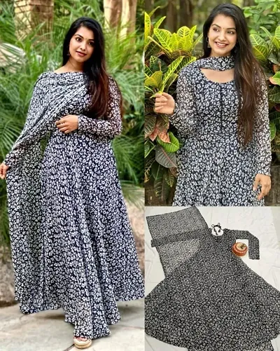 Stylish Georgette Printed Ethnic Gown with Dupatta Set