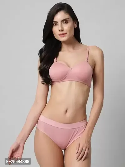 Stylish Pink Solid Bra And Panty Set For Women-thumb0