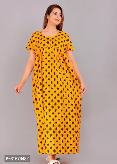 Elegant Yellow Cotton Printed Nighty For Women-thumb0