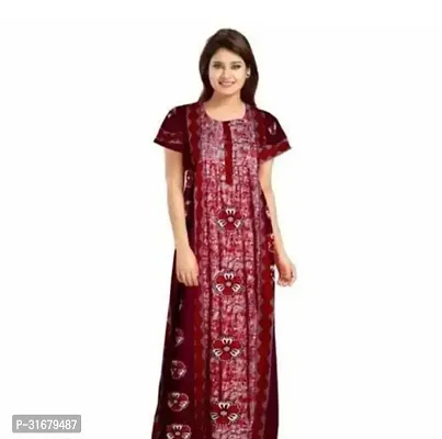 Elegant Maroon Cotton Printed Nighty For Women-thumb0