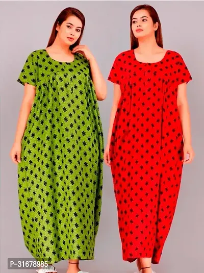 Elegant Multicoloured Cotton Printed Nighty For Women Pack Of 2-thumb0