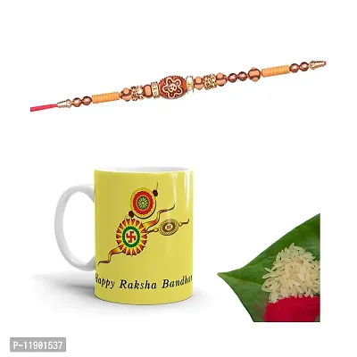 Pramonita Happy Raksha Bandhan Printed 1 mug with 1 rakhi | rakhi for brother | 1 Packet roli chawal | Multi Color, 320 ml