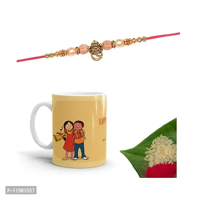 Pramonita Happy Raksha Bandhan Printed 1 mug with 1 rakhi | rakhi for brother | 1 Packet roli chawal | Multi Color, 320 ml-thumb0