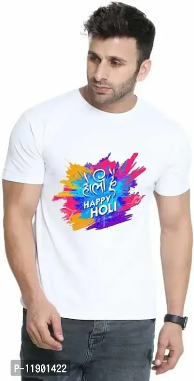 PRAMONITA Holi Printed T-Shirts Round Neck Polyester for Adults/Couple/Boys/Girls/Men/Women Quircky Colorfull Designs Regular fit (Small, Holi Hai Happy Holi-08)