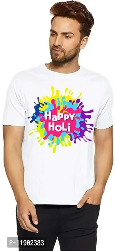 PRAMONITA Holi Printed T-Shirts Round Neck Polyester for Adults/Couple/Boys/Girls/Men/Women Quircky Colorfull Designs Regular fit (Small, Happy Holi-01)