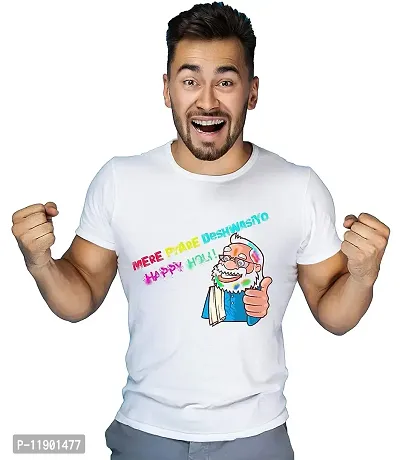 PRAMONITA Holi Printed T-Shirts Round Neck Polyester for Adults/Couple/Boys/Girls/Men/Women Quircky Colorfull Designs Regular fit (XXX-Large, Mere Pyaare Deshwasiyo-14)