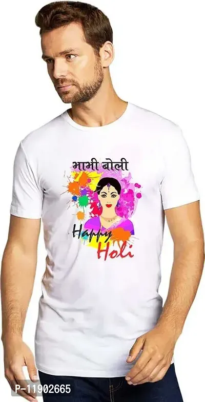 PRAMONITA Holi Printed T-Shirts Round Neck Polyester for Adults/Couple/Boys/Girls/Men/Women Quircky Colorfull Designs Regular fit (Large, Bhabhi Boli Happy Holi-07)