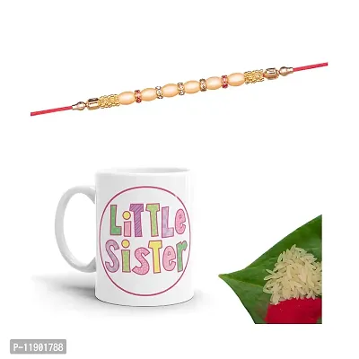 Pramonita Little Sister Printed 1 mug with 1 rakhi | rakhi for brother | 1 Packet roli chawal | Multi Color, 320 ml