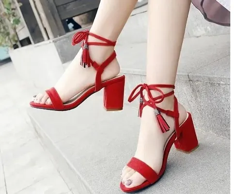 Womens Lace Up Red Block Heel Sandals