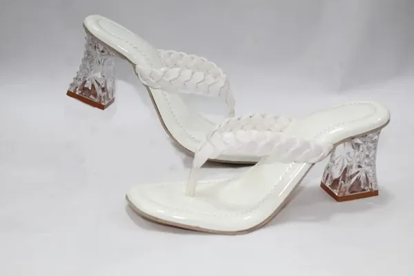 White Braid Design Block Heels Sandal for Women