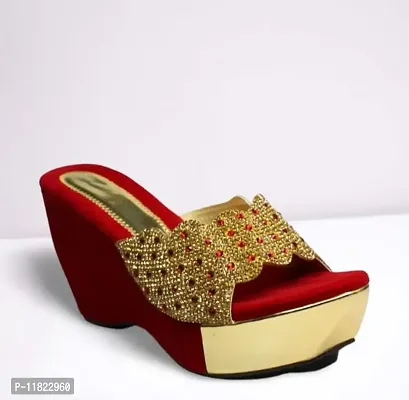 Red and Golden Bridal Wedges Heel Sandal For Women-thumb0