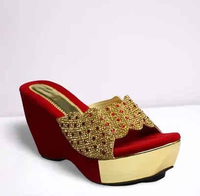 Red and Golden Bridal Wedges Heel Sandal For Women