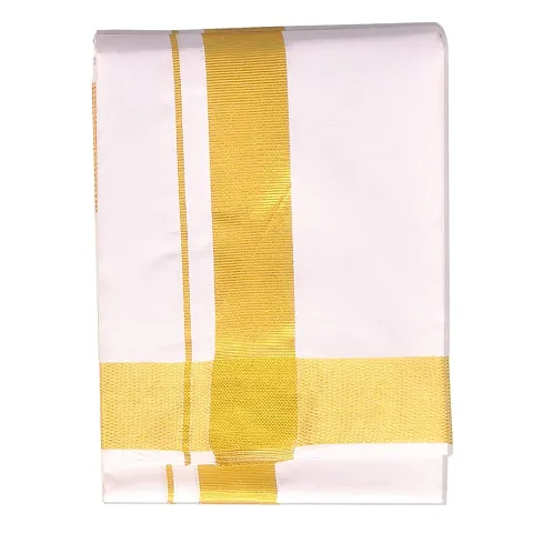 SSS 100% Cotton White Classic Dhoti With Golden Jari Border For Men's, Size-2 meters (Dhotis)
