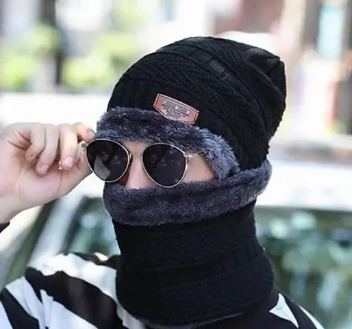 Elegant Woolen Solid Cap With Face Cover/ Balaclava Cap