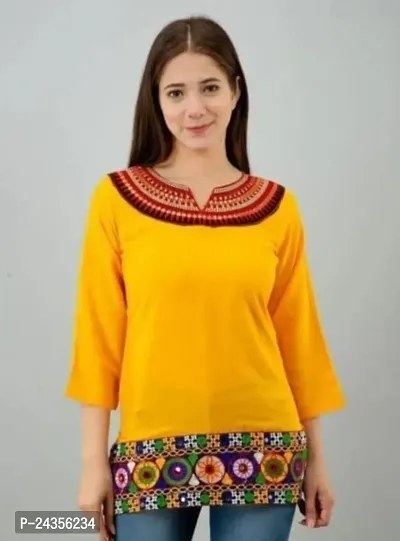 Elegant Yellow Self Design Cotton Short Kurta For Women-thumb0