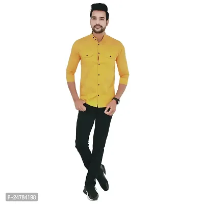 Noyes Fashion Men's Shirt Cotton Casual Stand Collar Plain Shirt | Full Sleeve Double Pocket Shirt (Medium, Yellow)