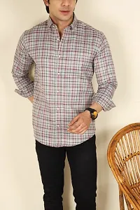 Men's Check Shirt Casual Cotton Shirt (Small, Grey)-thumb1