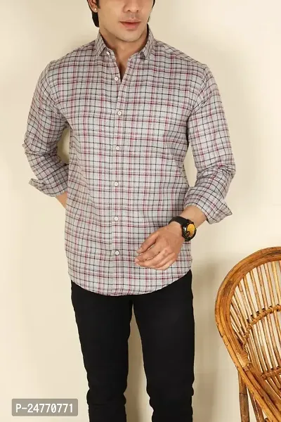 Men's Check Shirt Casual Cotton Shirt (Small, Grey)-thumb2