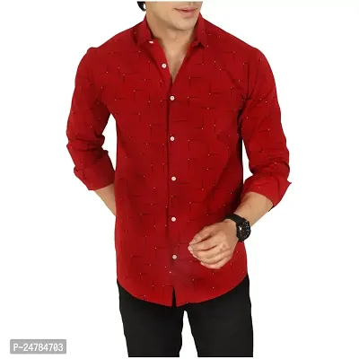 Noyes Fashion Men's Shirt Cotton Casual Stand Collar Plain Shirt | Full Sleeve Double Pocket Shirt | Regular Fit Printed Casual Shirt | (X-Large, Red)