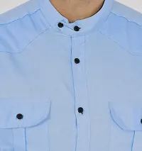 Noyes Fashion Men's Shirt Cotton Casual Stand Collar Plain Shirt | Full Sleeve Double Pocket Shirt (Large, Sky Blue)-thumb1