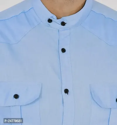 Noyes Fashion Men's Shirt Cotton Casual Stand Collar Plain Shirt | Full Sleeve Double Pocket Shirt (Large, Sky Blue)-thumb2