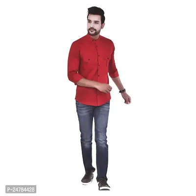 Noyes Fashion Men's Shirt Cotton Casual Stand Collar Plain Shirt | Full Sleeve Double Pocket Shirt (X-Large, Red)