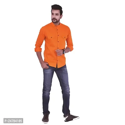 Noyes Fashion Men's Shirt Cotton Casual Stand Collar Plain Shirt | Full Sleeve Double Pocket Shirt (X-Large, Orange)