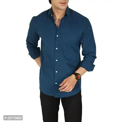 Noyes Fashion Men's Shirt Cotton Casual Stand Collar Plain Shirt | Full Sleeve Double Pocket Shirt | Regular Fit Printed Casual Shirt | (Small, Blue)
