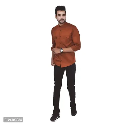 Noyes Fashion Men's Shirt Cotton Casual Stand Collar Plain Shirt | Full Sleeve Double Pocket Shirt (X-Large, Dark Orange)