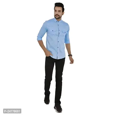 Noyes Fashion Men's Shirt Cotton Casual Stand Collar Plain Shirt | Full Sleeve Double Pocket Shirt (Large, Sky Blue)-thumb0