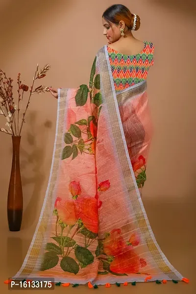 FLOURIOUS Fancy Women's Linen Siquence Printed Design Saree With Unstitched Blouse piece (Peach)-thumb3