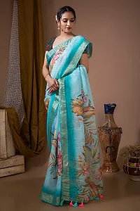 FLOURIOUS Fancy Women's Linen Siquence Printed Design Saree With Unstitched Blouse piece (Aqua)-thumb4