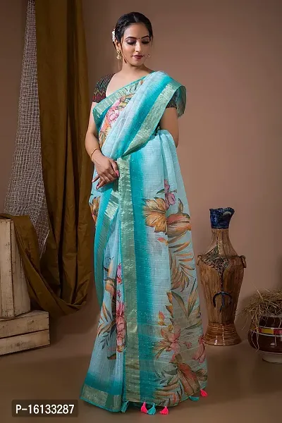 FLOURIOUS Fancy Women's Linen Siquence Printed Design Saree With Unstitched Blouse piece (Aqua)-thumb5