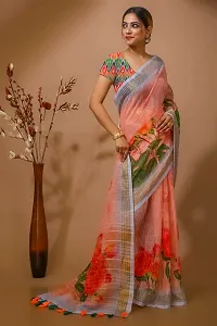 FLOURIOUS Fancy Women's Linen Siquence Printed Design Saree With Unstitched Blouse piece (Peach)-thumb3