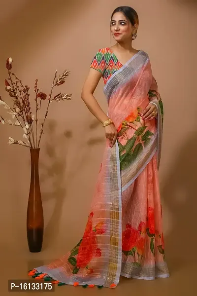 FLOURIOUS Fancy Women's Linen Siquence Printed Design Saree With Unstitched Blouse piece (Peach)-thumb4