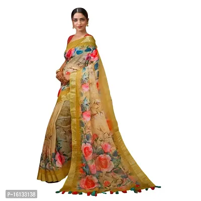 FLOURIOUS Fancy Women's Linen Siquence Printed Design Saree With Unstitched Blouse piece (Mustard)-thumb0