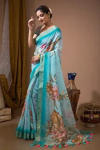 FLOURIOUS Fancy Women's Linen Siquence Printed Design Saree With Unstitched Blouse piece (Aqua)-thumb1