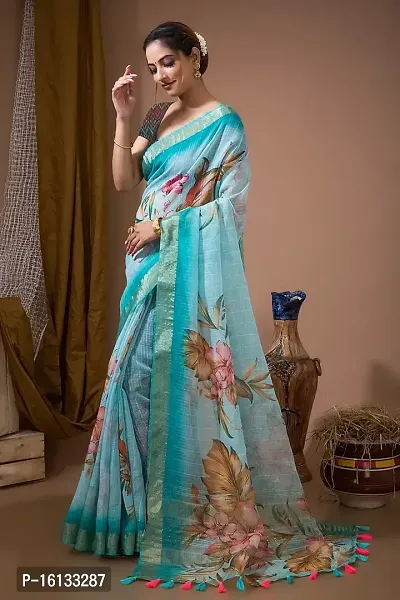 FLOURIOUS Fancy Women's Linen Siquence Printed Design Saree With Unstitched Blouse piece (Aqua)-thumb2