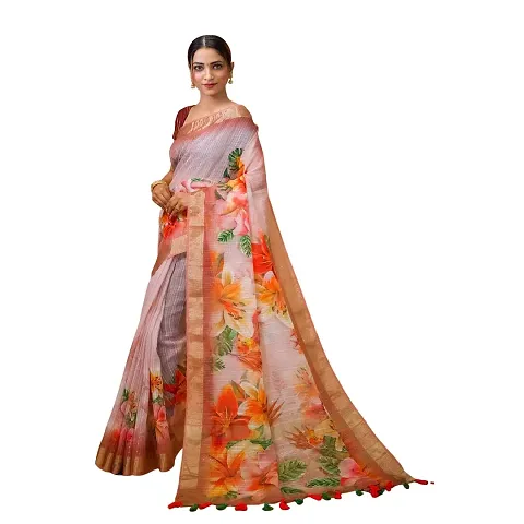 FLOURIOUS Fancy Women's Linen Siquence Design Saree With Unstitched Blouse piece (Light Pink)