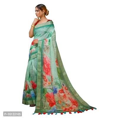 FLOURIOUS Fancy Women's Linen Siquence Printed Design Saree With Unstitched Blouse piece (Green)
