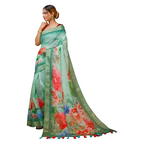 FLOURIOUS Fancy Women's Linen Siquence Design Saree With Unstitched Blouse piece (Green)