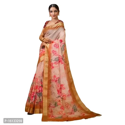 FLOURIOUS Fancy Women's Linen Siquence Printed Design Saree With Unstitched Blouse piece (Pink)